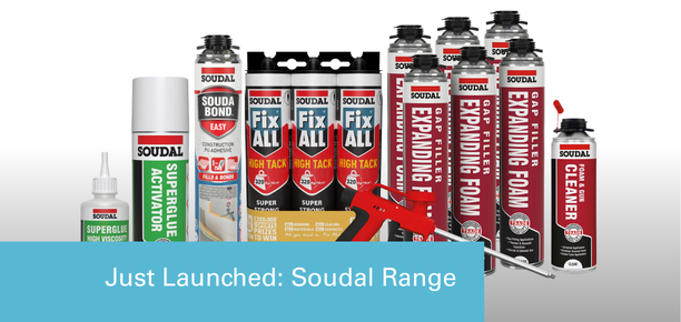 Soudal range of building materials including cans, bottles, and a tool on a white background.