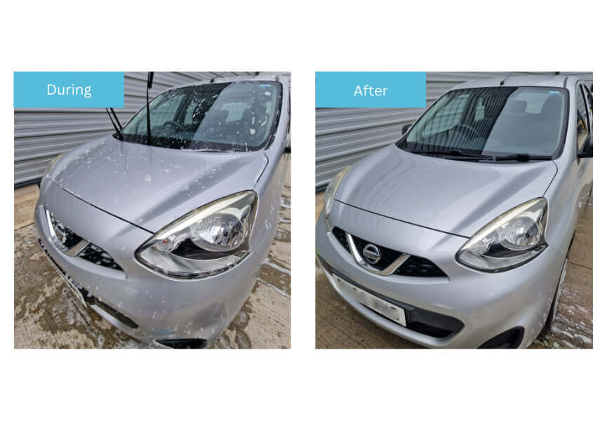 Comparison image of a car before and after using MP Shampoo Diamond-Gloss 500ml, showcasing shine and cleanliness.