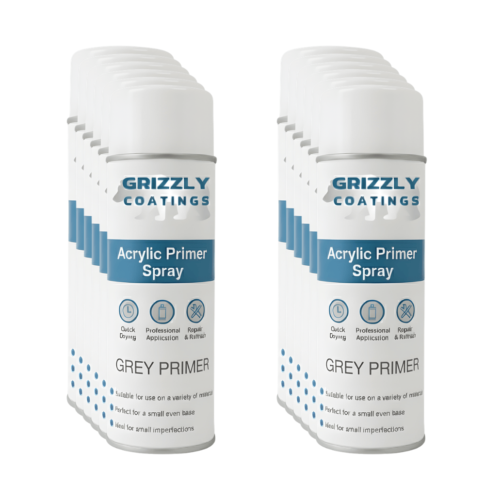 Grizzly Coatings Acrylic Primer (500ml) spray cans for professional refinishing and quick drying.