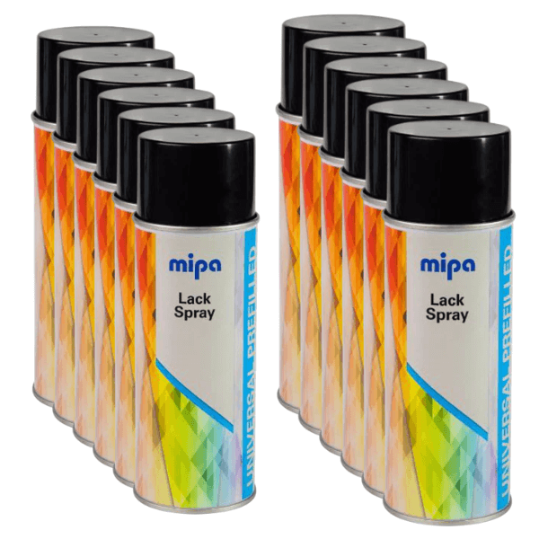Mipa Universal Prefilled Spray 400ml cans displayed in a row, showcasing vibrant design and quality for various paint types.