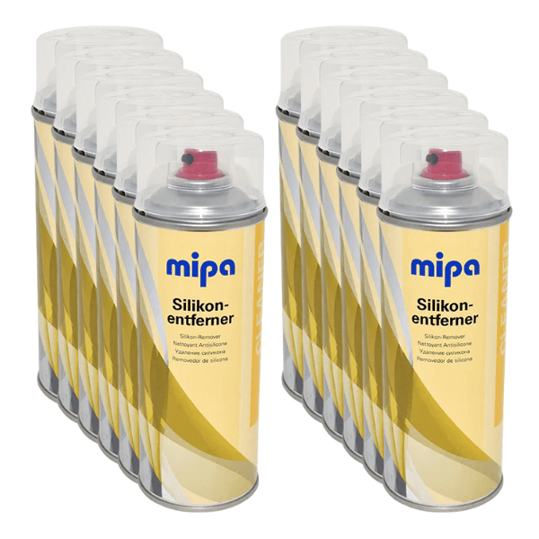 Mipa Silicon Remover & Degreaser Spray (400ML) cans arranged in a neat row for effective surface cleaning.