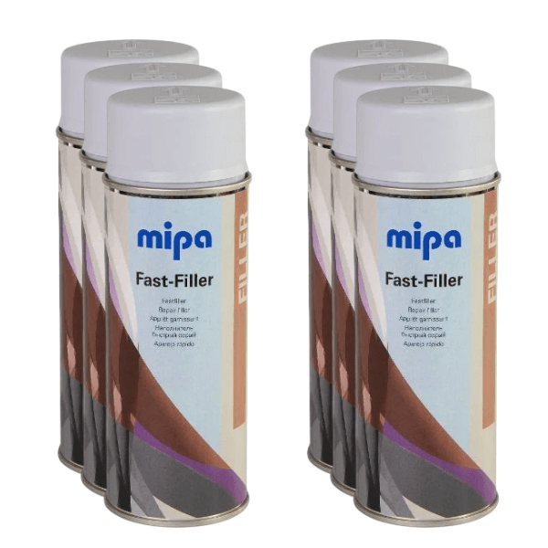 Mipa Fast Filler Spray (400ML) cans arranged in a row, showcasing high-performance repair filler for automotive use.