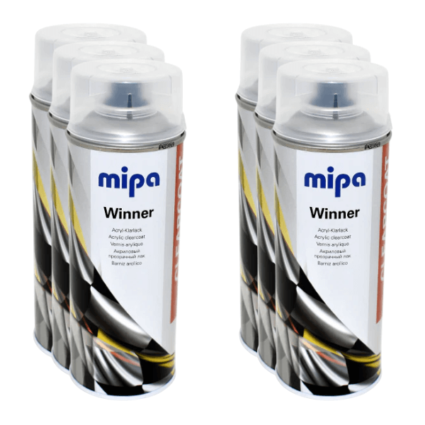 Mipa Spray Clear Lacquer (400ML) cans showcasing high-quality acrylic clear coat for automotive finishes.