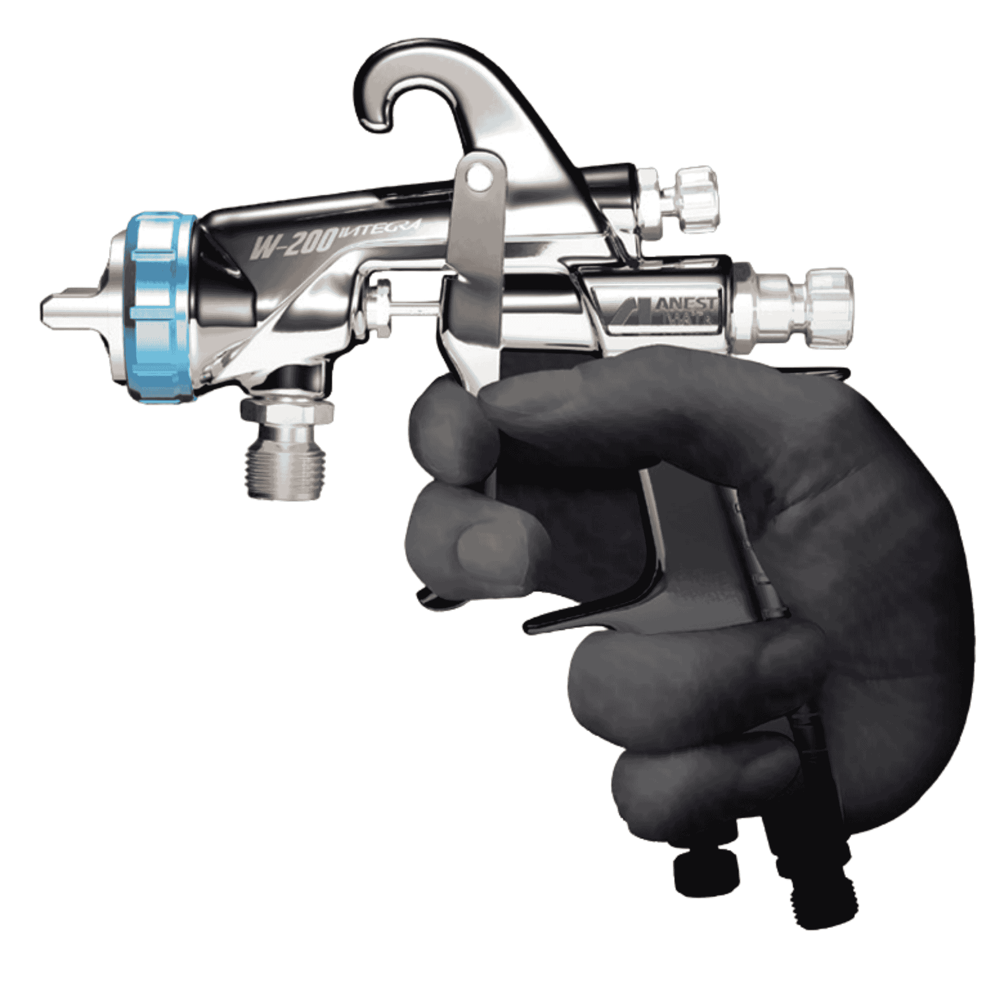 Anest Iwata W-200 INTEGRA Pressure Spray Gun held in hand, showcasing its ergonomic design and precision.
