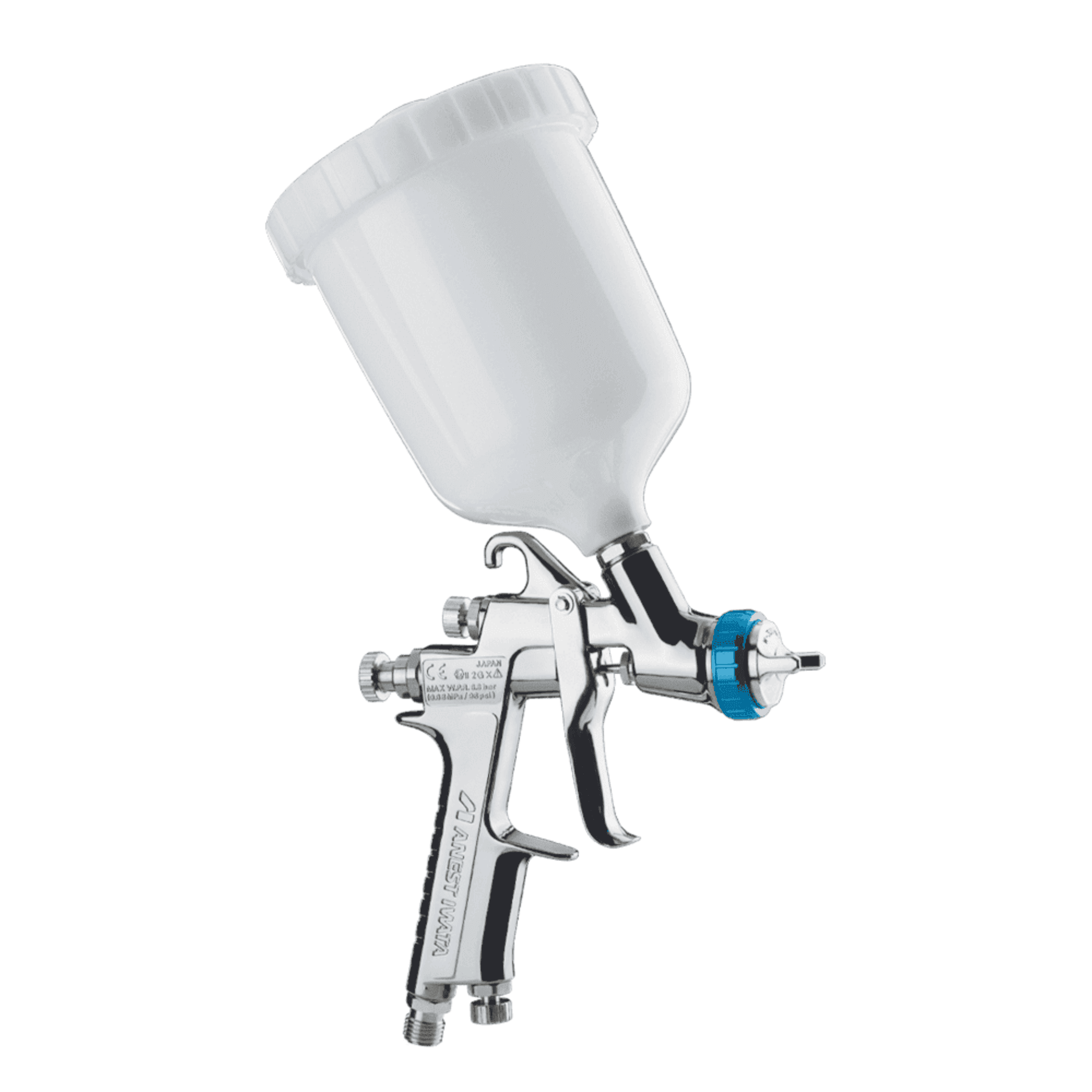 ANEST IWATA W-300 WB Spray Gun with gravity feed cup for precision refinishing and repair work.