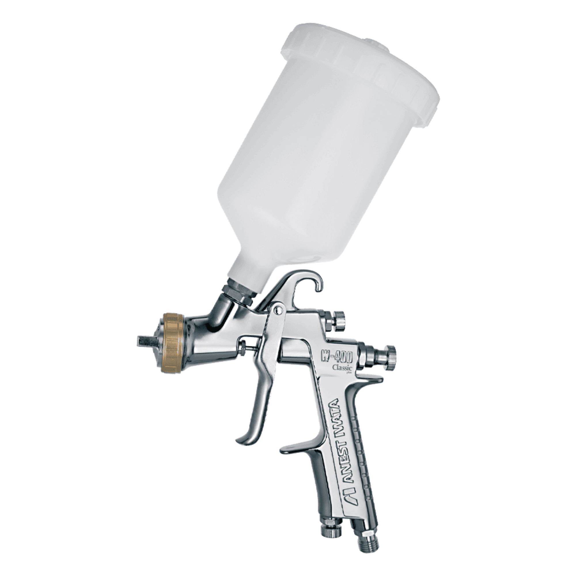 ANEST IWATA W-400 Classic Plus Spray Gun with gravity feed cup for professional finishing.
