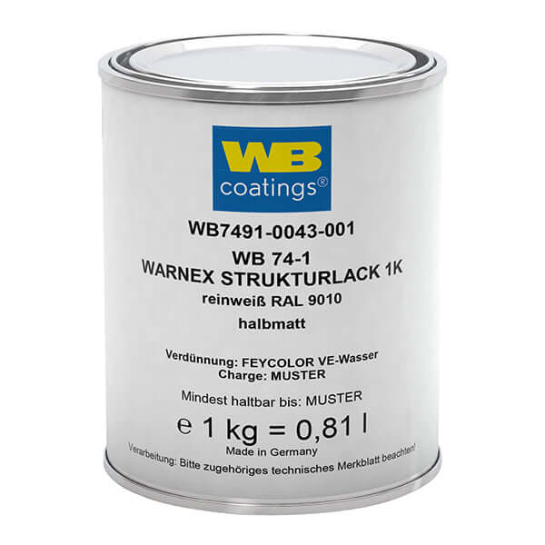 WB WARNEX 74-1 Textured Lacquer 1K can of water-based textured coating in a half-matt finish.