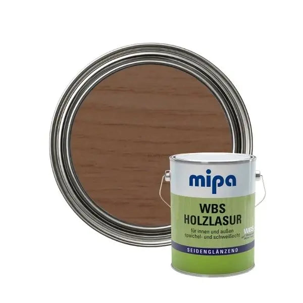 Mipa Paints WBS Wood Stain (2.5L) can with wood color sample in background, ideal for interior and exterior wood protection.