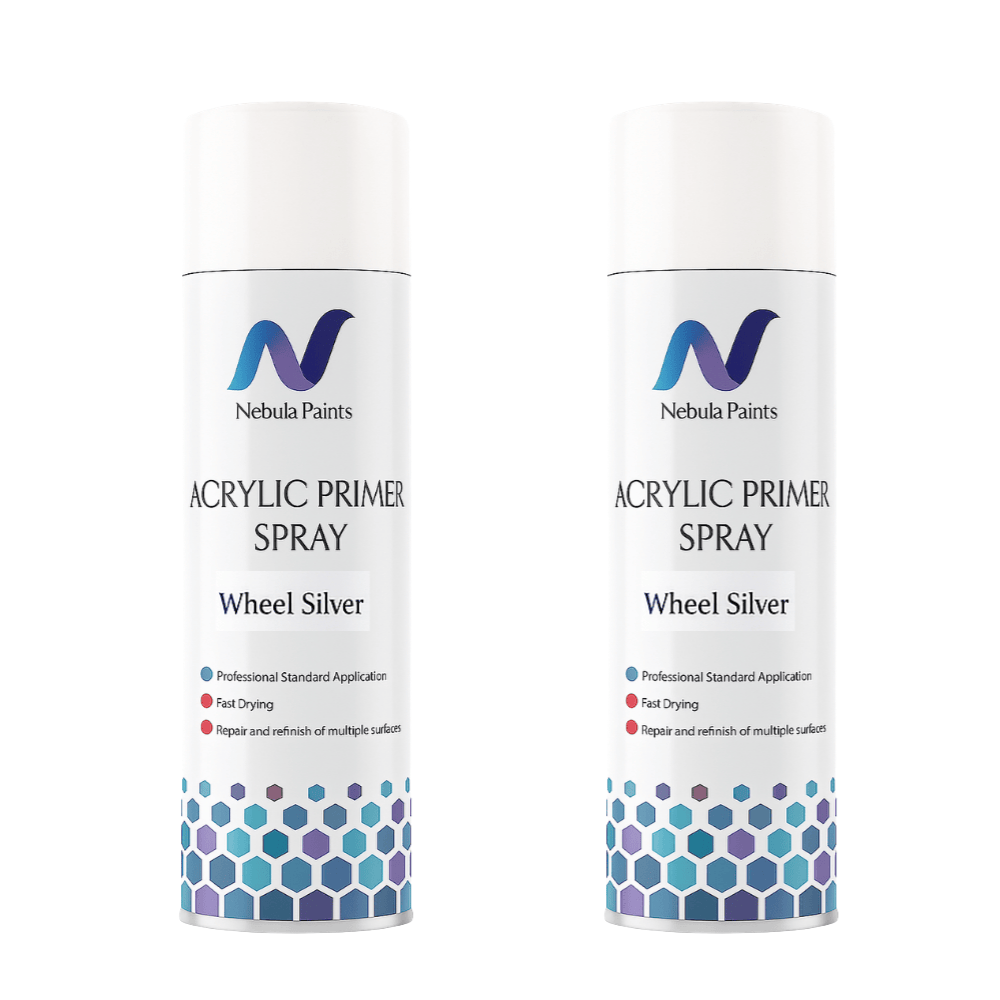 Nebula Paints Acrylic Topcoat Spray Paint (500 ml) bottles in Wheel Silver, ideal for professional finishing.