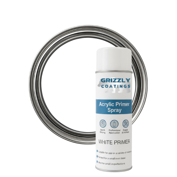 Grizzly Coatings Acrylic Primer (500ml) can spray for metal surfaces, fast-drying universal primer, perfect for refinishing.