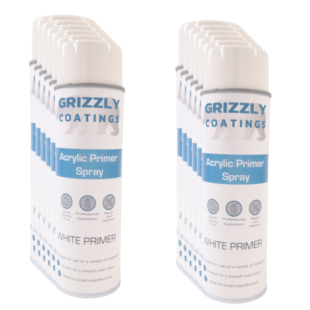 Grizzly Coatings Acrylic Primer (500ml) cans arranged, showcasing the universal fast-drying primer for metal surfaces.