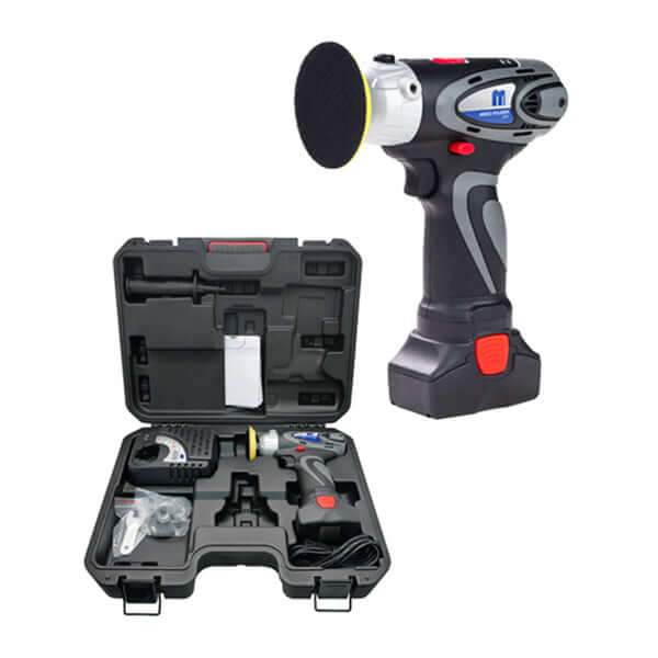 MP Cordless Mini Polisher in durable case, perfect for precision polishing with variable speed and extra battery.