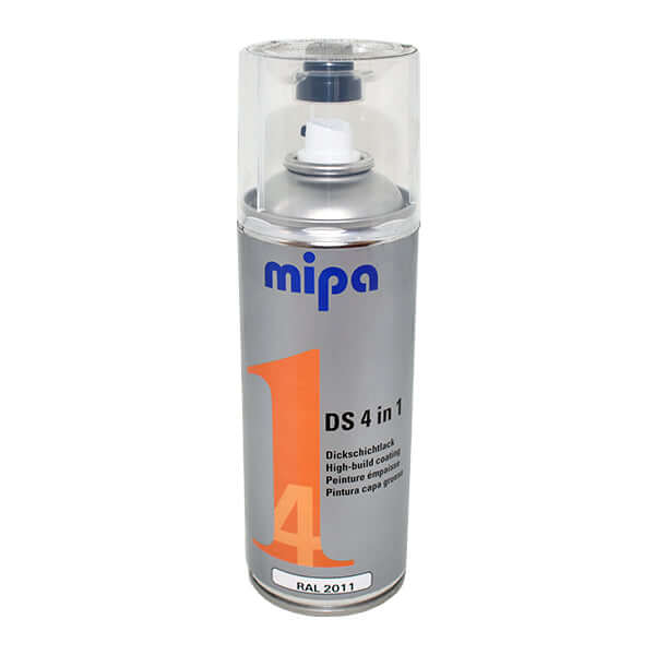 Mipa 4 in 1 DS Spray Paint (400ml) can for high-build acrylic paint suitable for various surfaces.