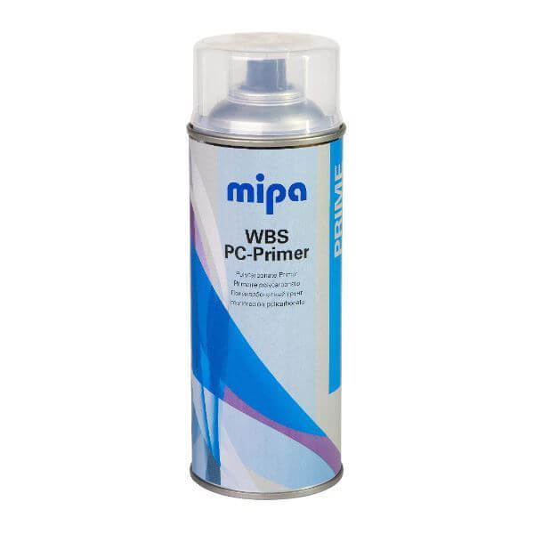 Mipa WBS PC Primer Aerosol (400ML) in a spray can, promoting adhesion for polycarbonate surfaces.