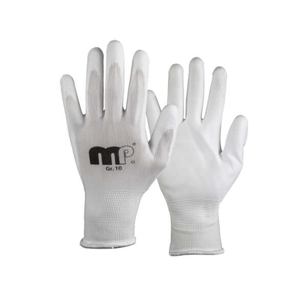 MP Assembly Gloves – White polyurethane gloves for precision and secure grip, size 10.