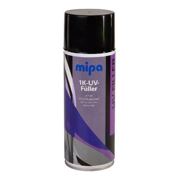 Mipa 1K UV Filler Spray (400ML) canister for automotive refinishing and plastic surface repairs.