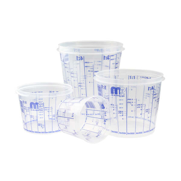MP Disposable Clear Mixing Cups in various sizes for accurate paint mixing and measurement.