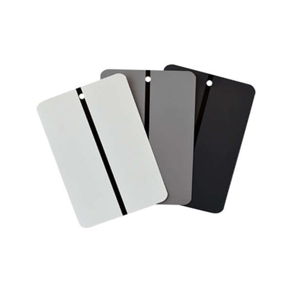 MP Dark Grey Metal Spray Out Cards (100 cards) - Sample cards in dark grey, light grey, and black for paint testing.
