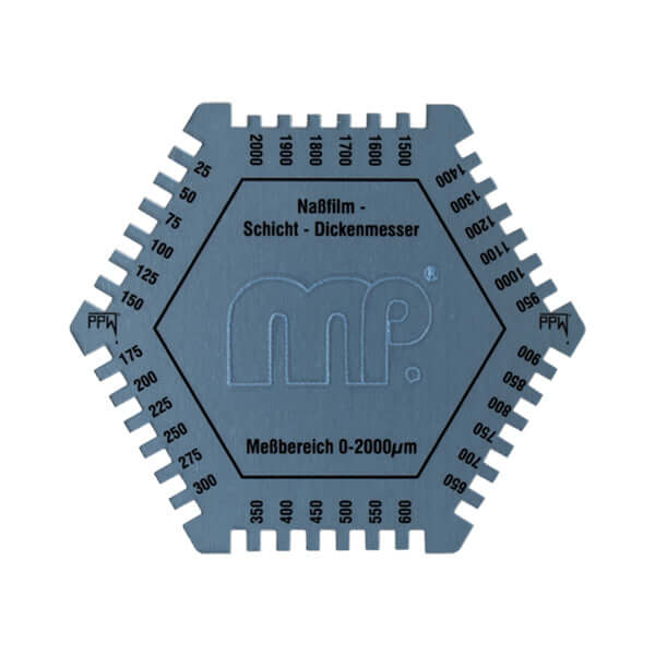 MP Hexagon Shaped Aluminium Paint Depth Gauge showing precise coating thickness measurement from 0 to 2000 μm.