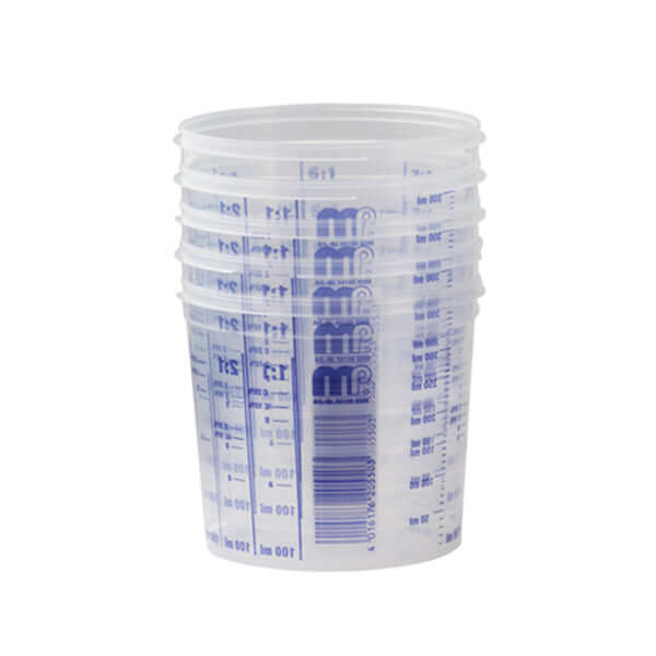 MP Disposable Clear Mixing Cups stacked for accurate paint mixing and measurement.