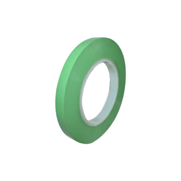 MP Fineline Tape 55m x 3mm Roll Green displayed on a white background, showcasing its precision design and flexibility.