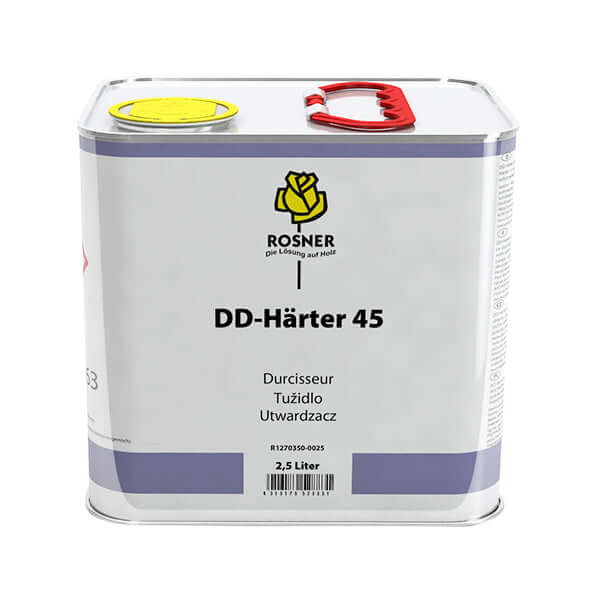 Rosner DD-Hardener 45 2.5 Ltr can, designed for professional wood finishing systems.