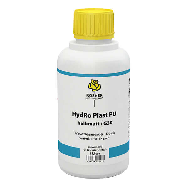 Rosner Hydro Plast PU 1 Ltr packaging, water-based wood coating for professional finishing.