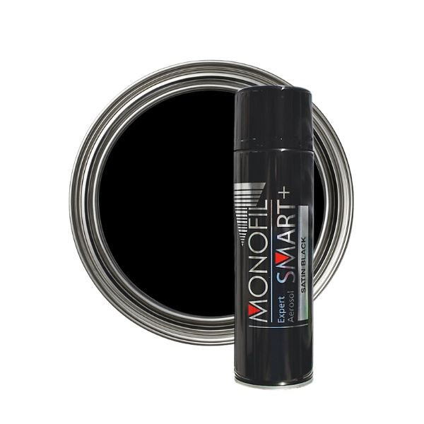 Black paint can and spray can with Monofil logo on a white background