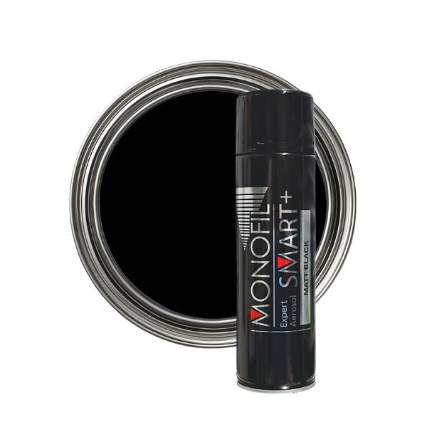 Black spray paint can and open can of black paint on a white background