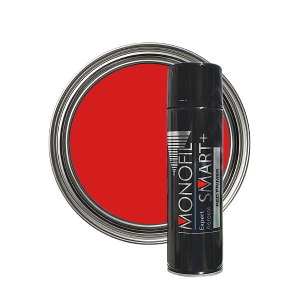 Red paint can and Monofil Smart+ spray can on a white background
