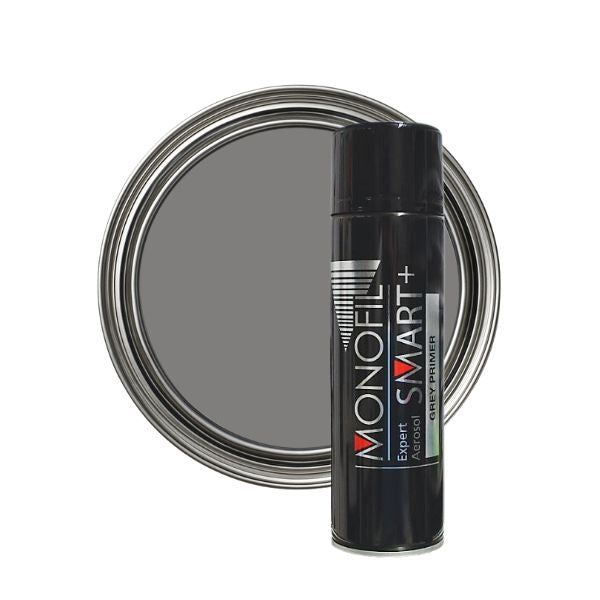 Black spray can with 'Monofil' branding next to a gray paint container on a white background