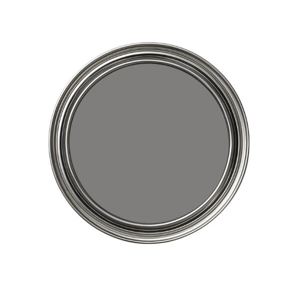 Gray paint swatch in a round container on a white background