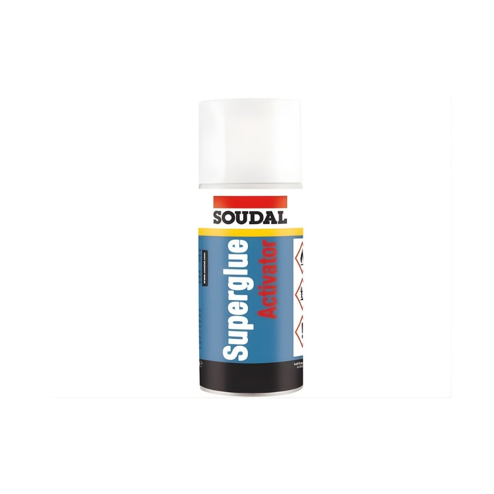 Soudal Superglue Activator Spray (200ml) aerosol for fast bond curing on various surfaces.