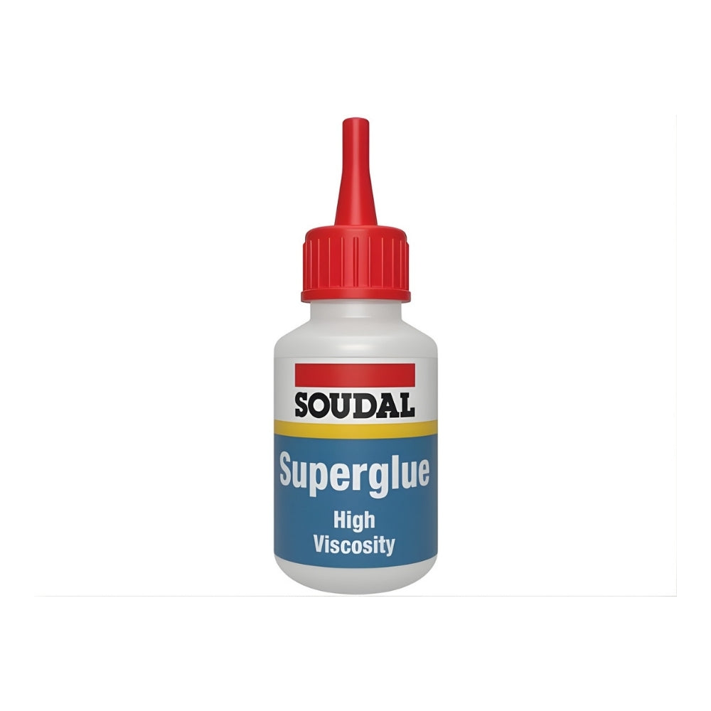 Soudal Superglue HV (290ml) bottle showing high viscosity adhesive for instant bonding and repairs.