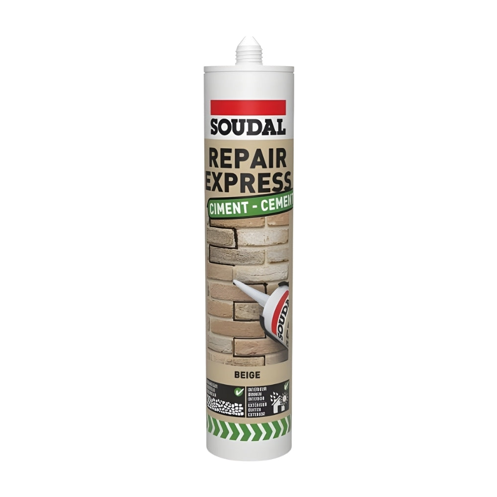 Soudal Repair Express Cement Filler for Concrete & Brickwork (290ml) in a cartridge for repairing walls.