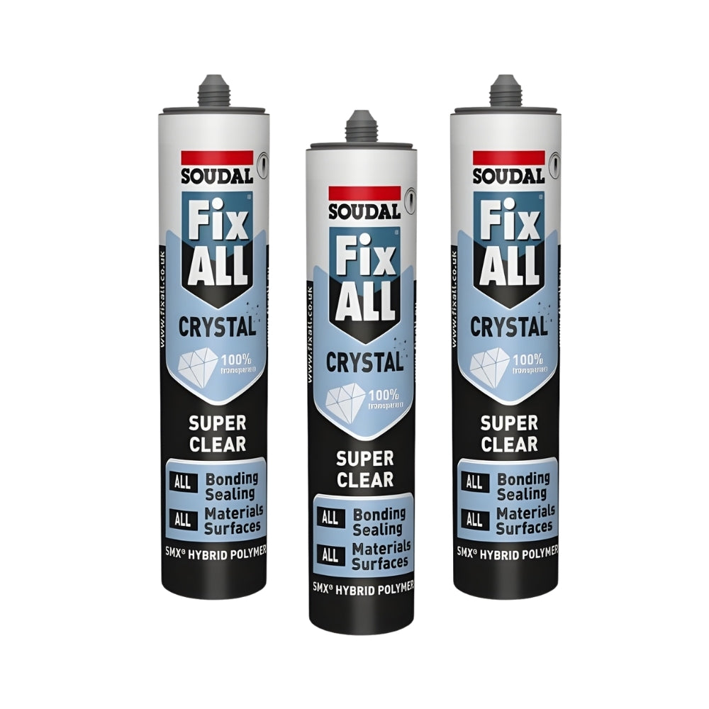 Soudal Fix ALL Crystal (290ml) Clear Adhesive Sealant packaging, showcasing its super clear bonding capabilities.