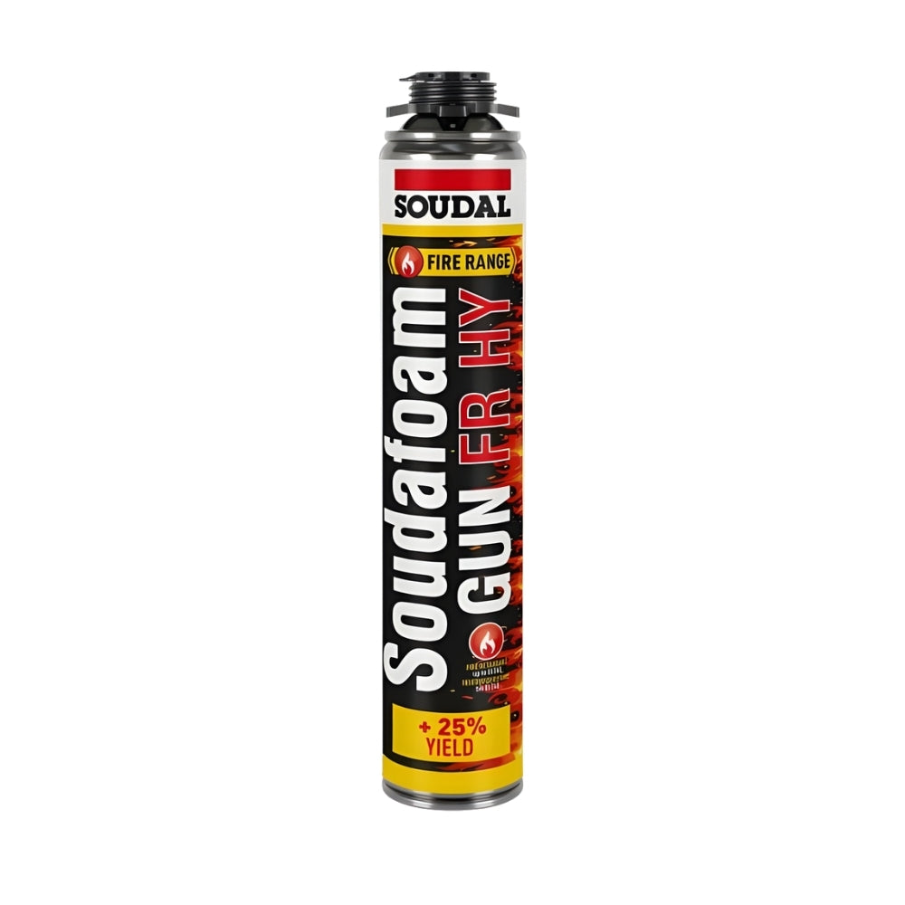 Soudal Soudafoam FR HY C&F Fire Resistant PU Foam (750ml) in a canister for insulation and fire safety.