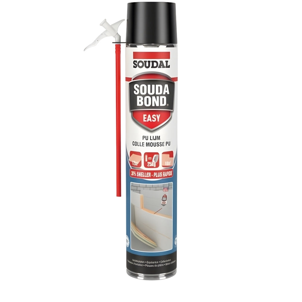 Soudal Soudabond Easy 1K PU Adhesive for Insulation (750ml) spray can with nozzle for efficient application.