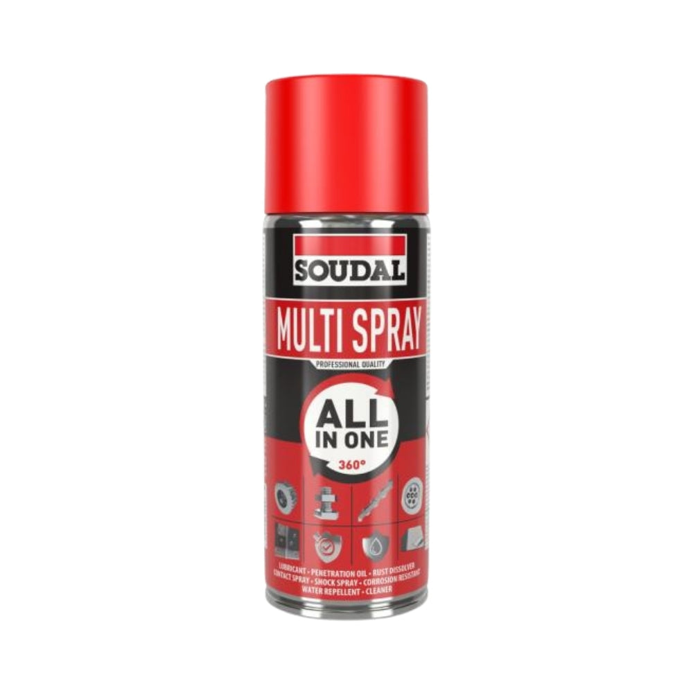 Soudal Multi Spray 8-in-1 Universal Maintenance Spray can with red cap, showcasing essential maintenance solutions.