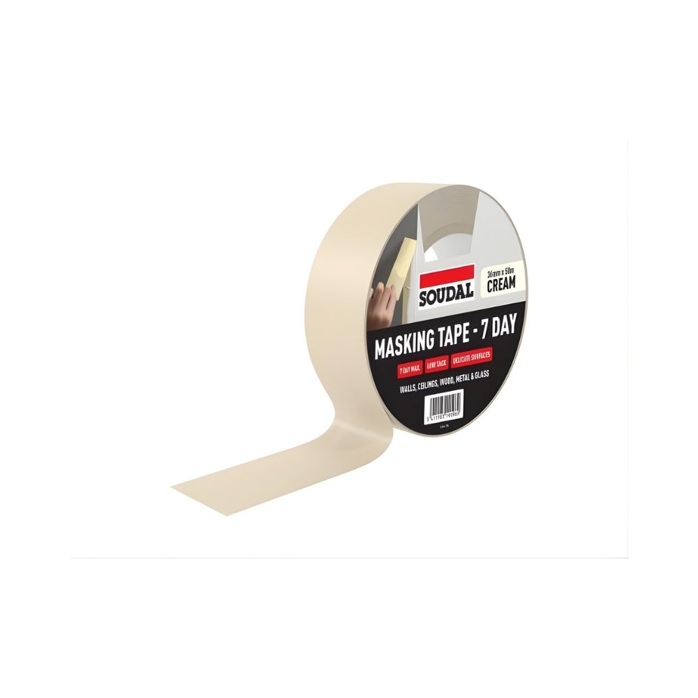 Soudal 7 Day Masking Tape roll with cream backing for precise painting and decorating.