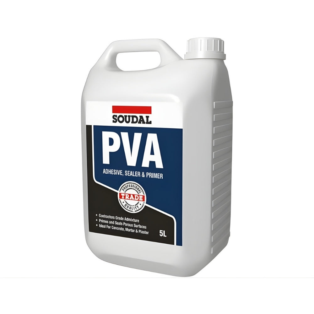 Soudal PVA Adhesive, Sealer & Primer (5L) bottle for home improvement projects, versatile bonding agent.