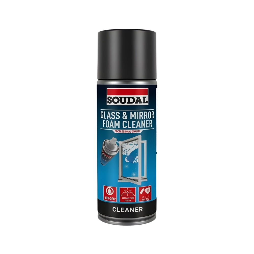 Soudal Glass Mirror Aerosol Spray Cleaner for a streak-free shine on glass and mirror surfaces.