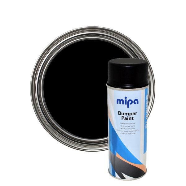 Mipa bumper paint can and black paint swatch on a white background