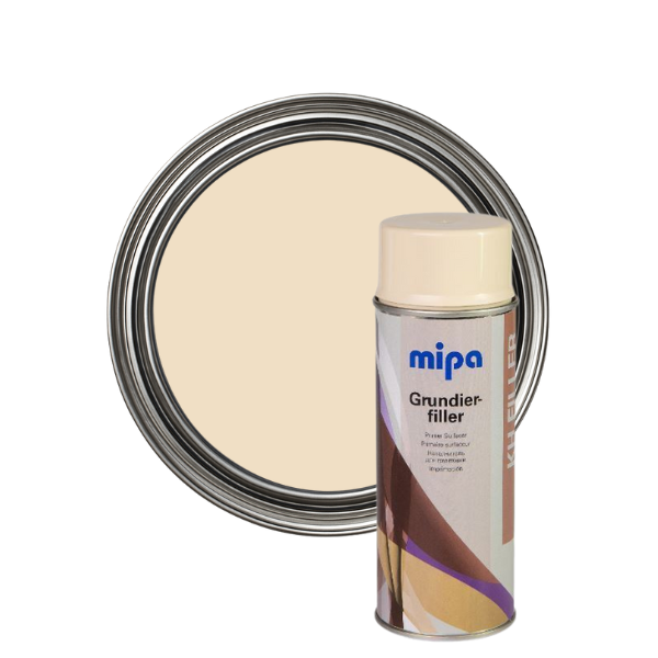 Mipa grundier-filler can with a sample of beige paint on a white background
