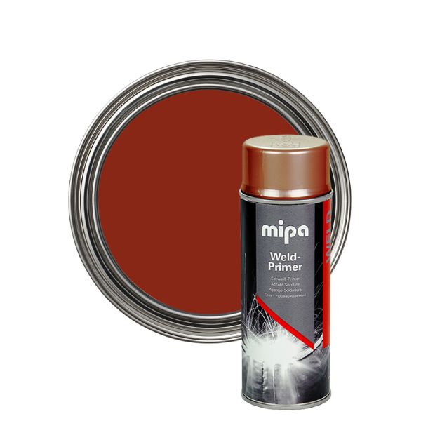 Mipa weld primer can with red paint inside a circular container on a white background
