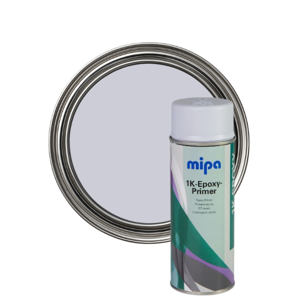 Mipa 1K Epoxy Primer can next to a paint sample on a white background