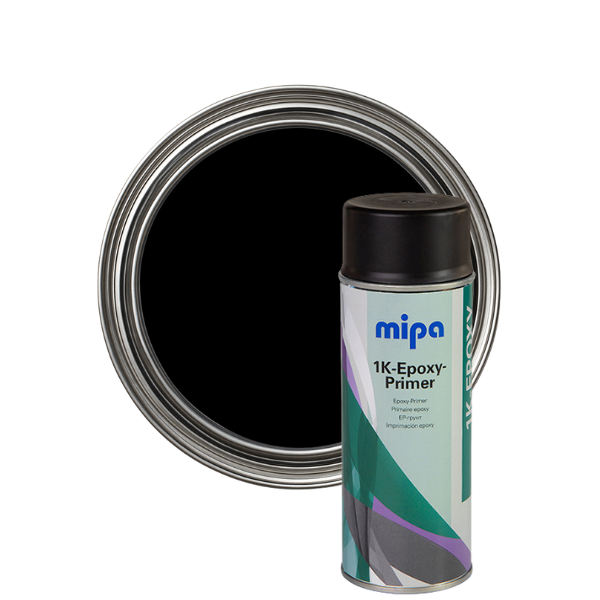 Mipa 1K Epoxy Primer can with black paint inside a container on a white background