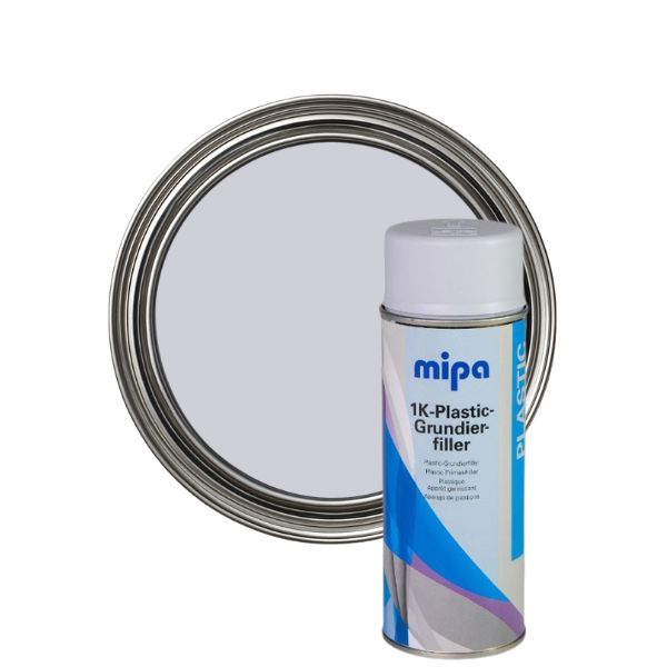 Mipa plastic primer can next to a paint tray with white paint