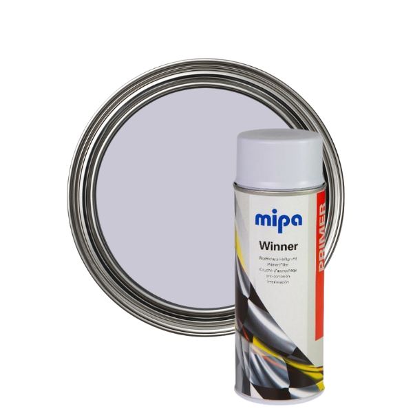 Mipa Winner spray paint can next to a gray paint swatch on a white background