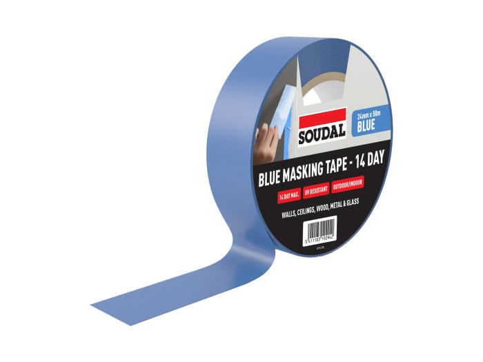 Soudal 14 Day Blue Masking Tape roll being unrolled for professional painting.
